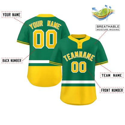 Custom Kelly Green White-Gold Color Block Personalized Authentic Two-Button Baseball Jersey