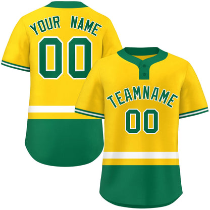 Custom Gold White-Kelly Green Color Block Personalized Authentic Two-Button Baseball Jersey