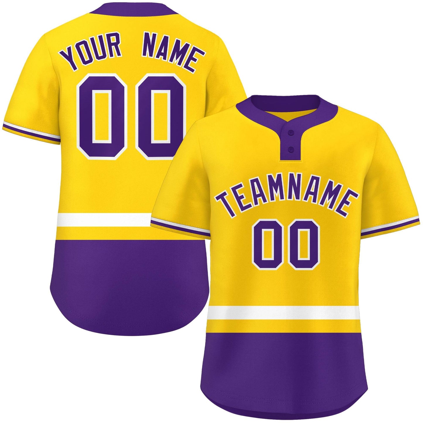 Custom Gold White-Purple Color Block Personalized Authentic Two-Button Baseball Jersey