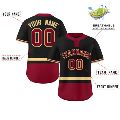 Custom Black Khaki-Crimson Color Block Personalized Authentic Two-Button Baseball Jersey