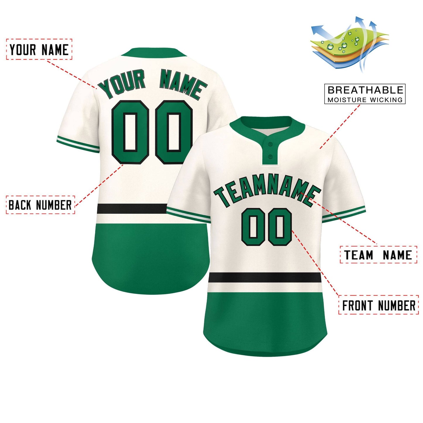 Custom Cream Black-Kelly Green Color Block Personalized Authentic Two-Button Baseball Jersey