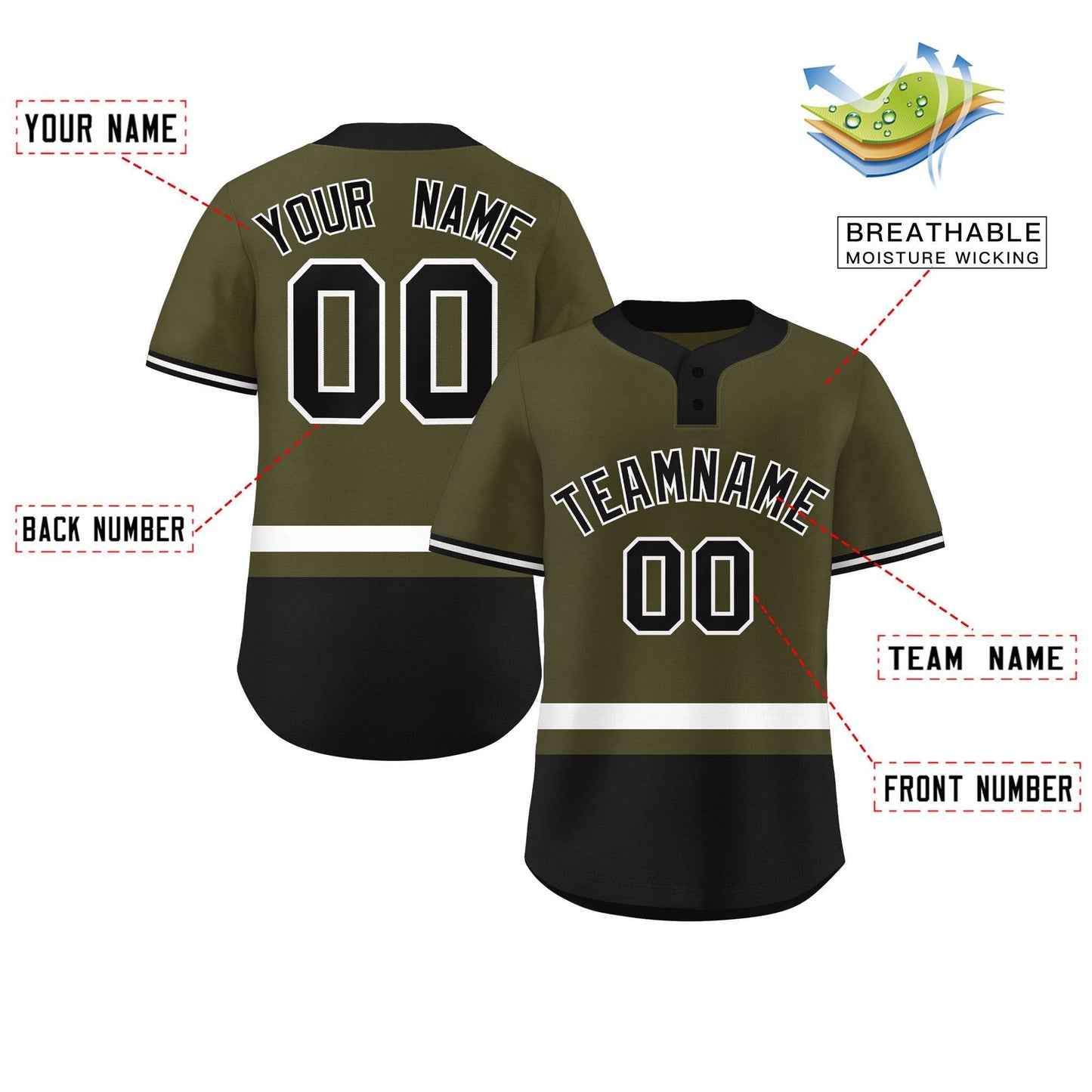 Custom Olive White-Black Color Block Personalized Authentic Two-Button Baseball Jersey