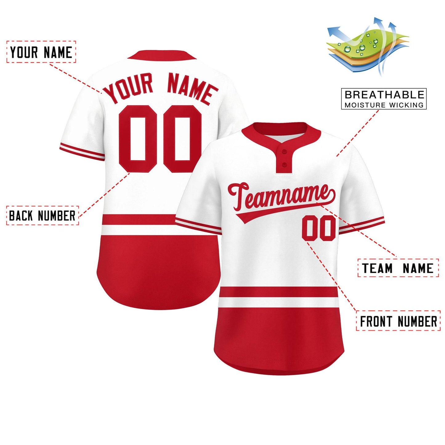 Custom White Red Color Block Personalized Authentic Two-Button Baseball Jersey