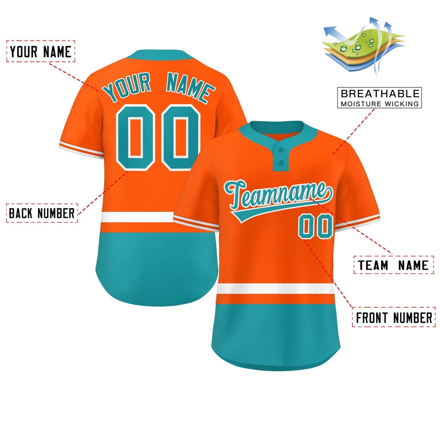 Custom Orange White-Aqua Color Block Personalized Authentic Two-Button Baseball Jersey