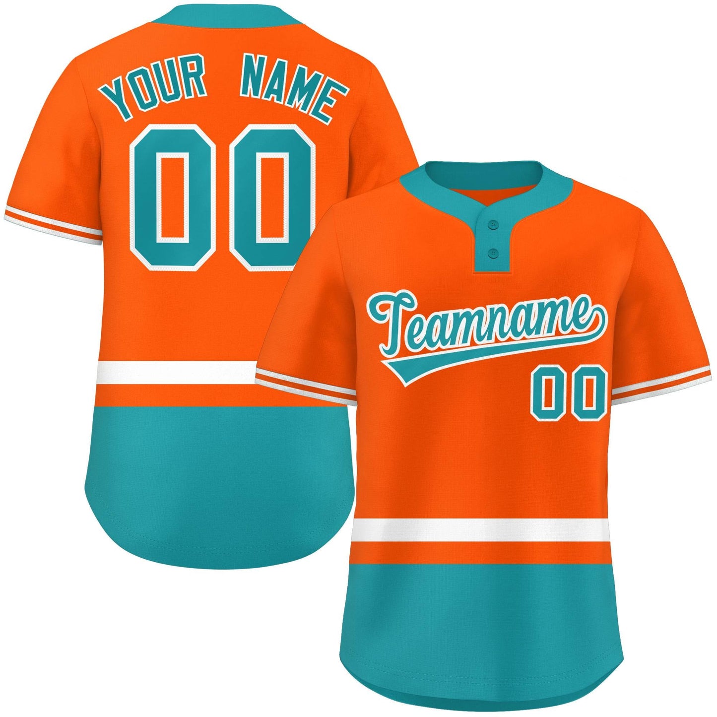 Custom Orange White-Aqua Color Block Personalized Authentic Two-Button Baseball Jersey