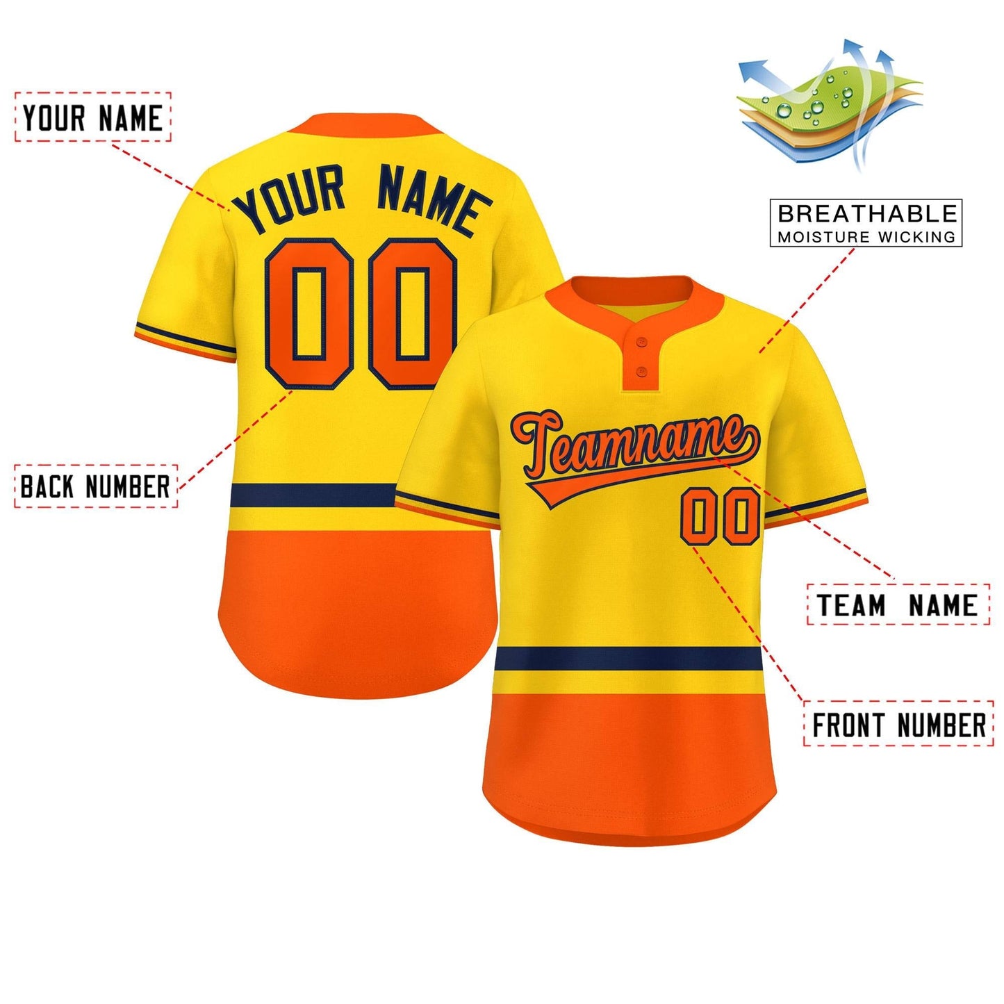 Custom Gold Navy-Orange Color Block Personalized Authentic Two-Button Baseball Jersey