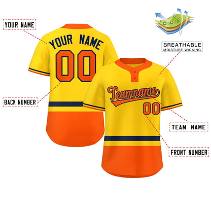 Custom Gold Navy-Orange Color Block Personalized Authentic Two-Button Baseball Jersey