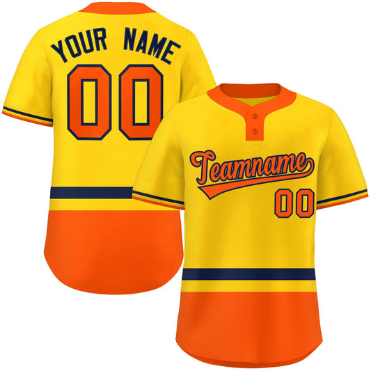 Custom Gold Navy-Orange Color Block Personalized Authentic Two-Button Baseball Jersey