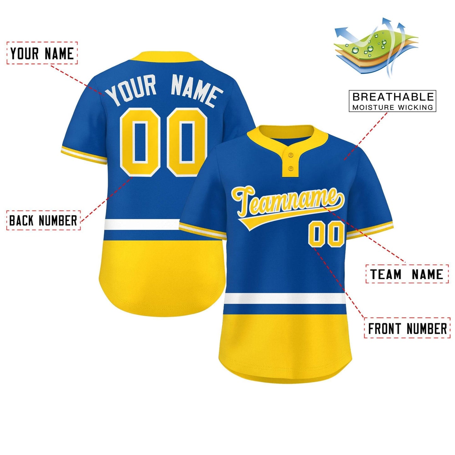 Custom Royal White-Gold Color Block Personalized Authentic Two-Button Baseball Jersey