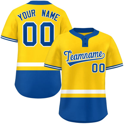 Custom Gold White-Royal Color Block Personalized Authentic Two-Button Baseball Jersey