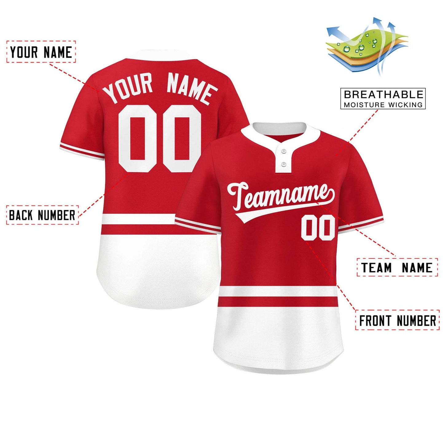 Custom Red White Color Block Personalized Authentic Two-Button Baseball Jersey