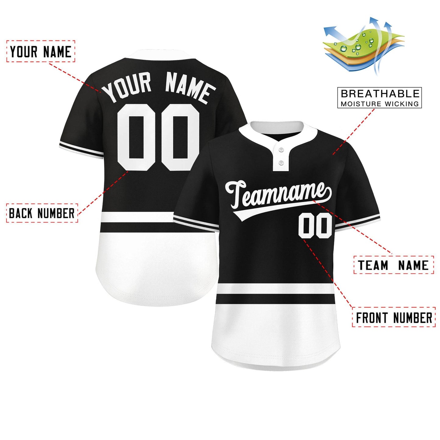 Custom Black White Color Block Personalized Authentic Two-Button Baseball Jersey