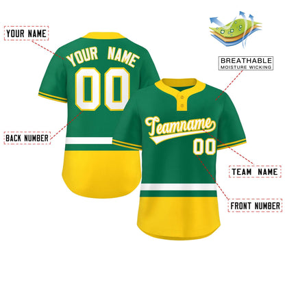 Custom Kelly Green White-Gold Color Block Personalized Authentic Two-Button Baseball Jersey