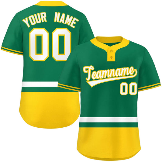 Custom Kelly Green White-Gold Color Block Personalized Authentic Two-Button Baseball Jersey