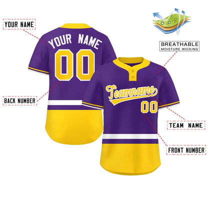 Custom Purple White-Gold Color Block Personalized Authentic Two-Button Baseball Jersey