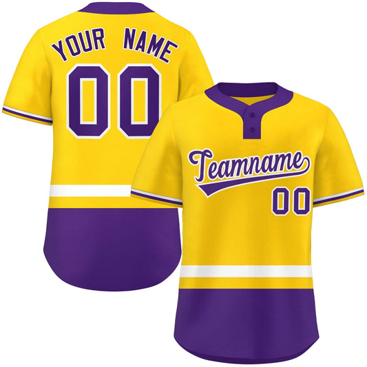 Custom Gold White-Purple Color Block Personalized Authentic Two-Button Baseball Jersey