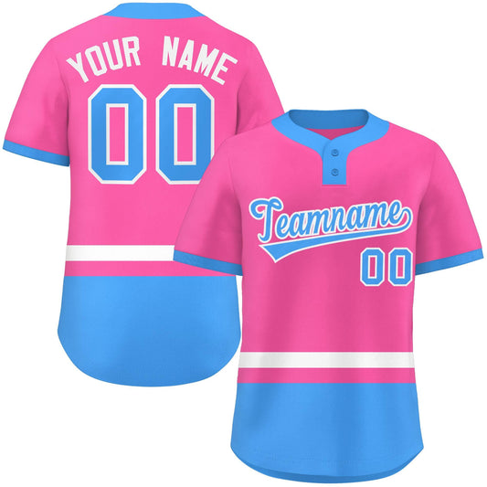 Custom Pink White-Powder Blue Color Block Personalized Authentic Two-Button Baseball Jersey