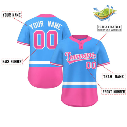 Custom Powder Blue White-Pink Color Block Personalized Authentic Two-Button Baseball Jersey