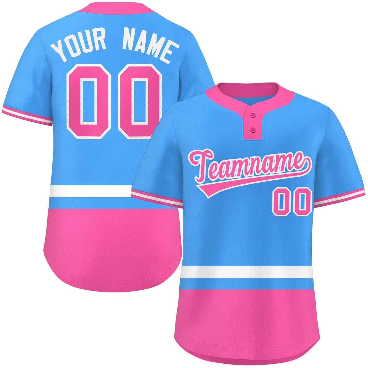 Custom Powder Blue White-Pink Color Block Personalized Authentic Two-Button Baseball Jersey