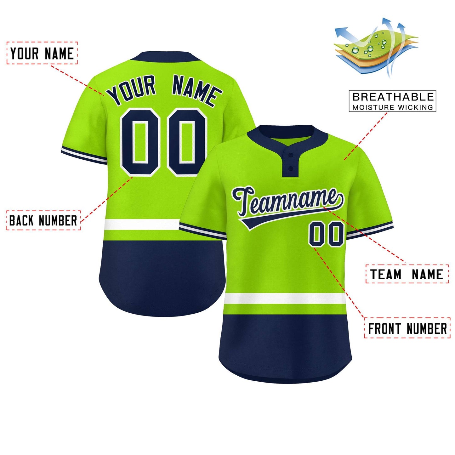 Custom Neon Green White-Navy Color Block Personalized Authentic Two-Button Baseball Jersey