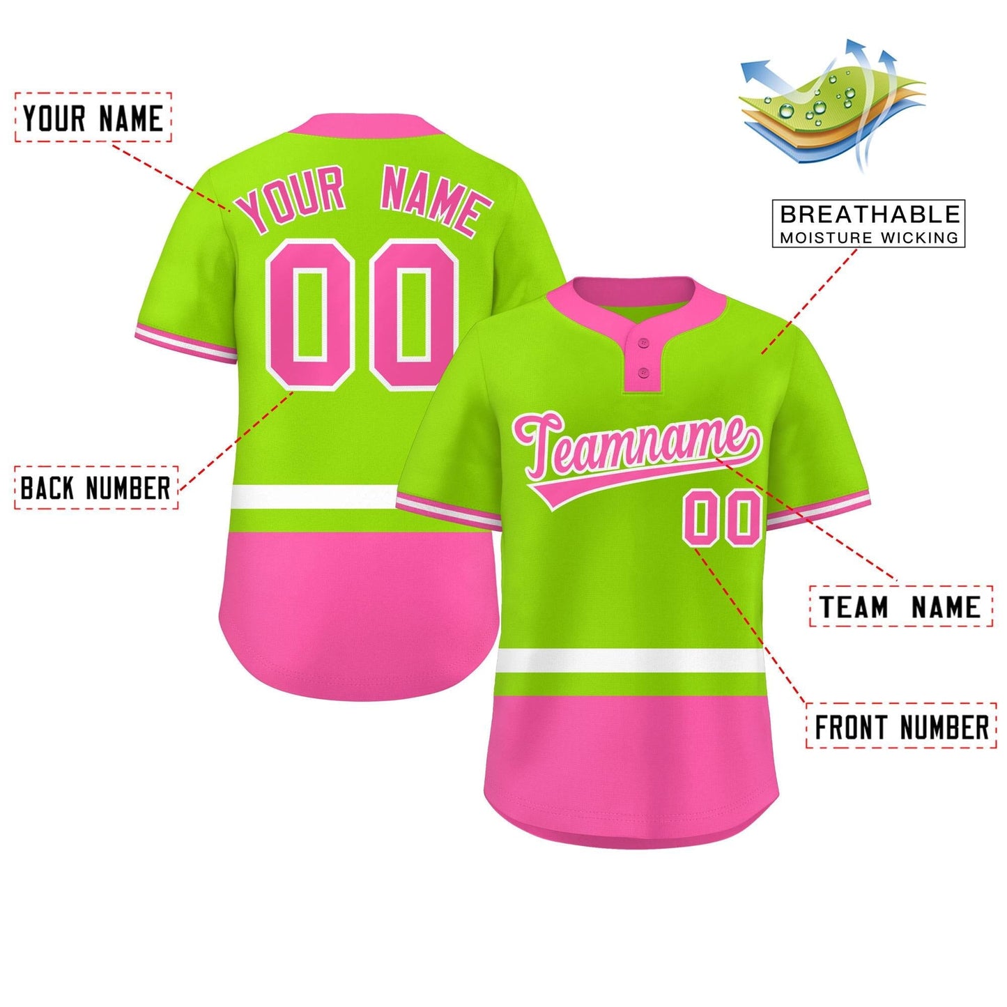 Custom Neon Green White-Pink Color Block Personalized Authentic Two-Button Baseball Jersey