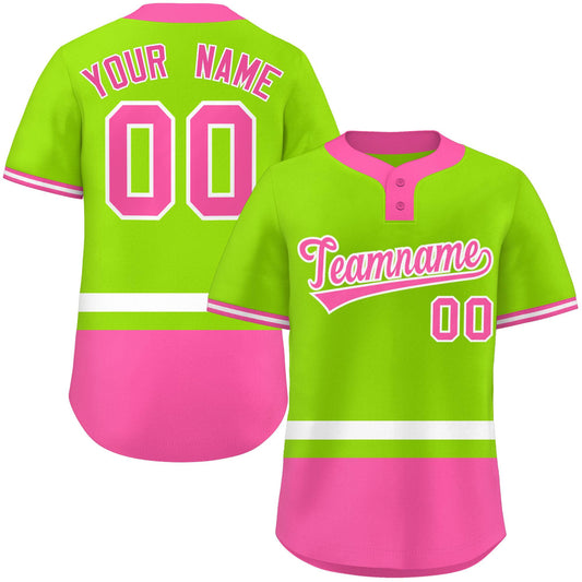 Custom Neon Green White-Pink Color Block Personalized Authentic Two-Button Baseball Jersey