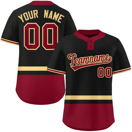 Custom Black Khaki-Crimson Color Block Personalized Authentic Two-Button Baseball Jersey