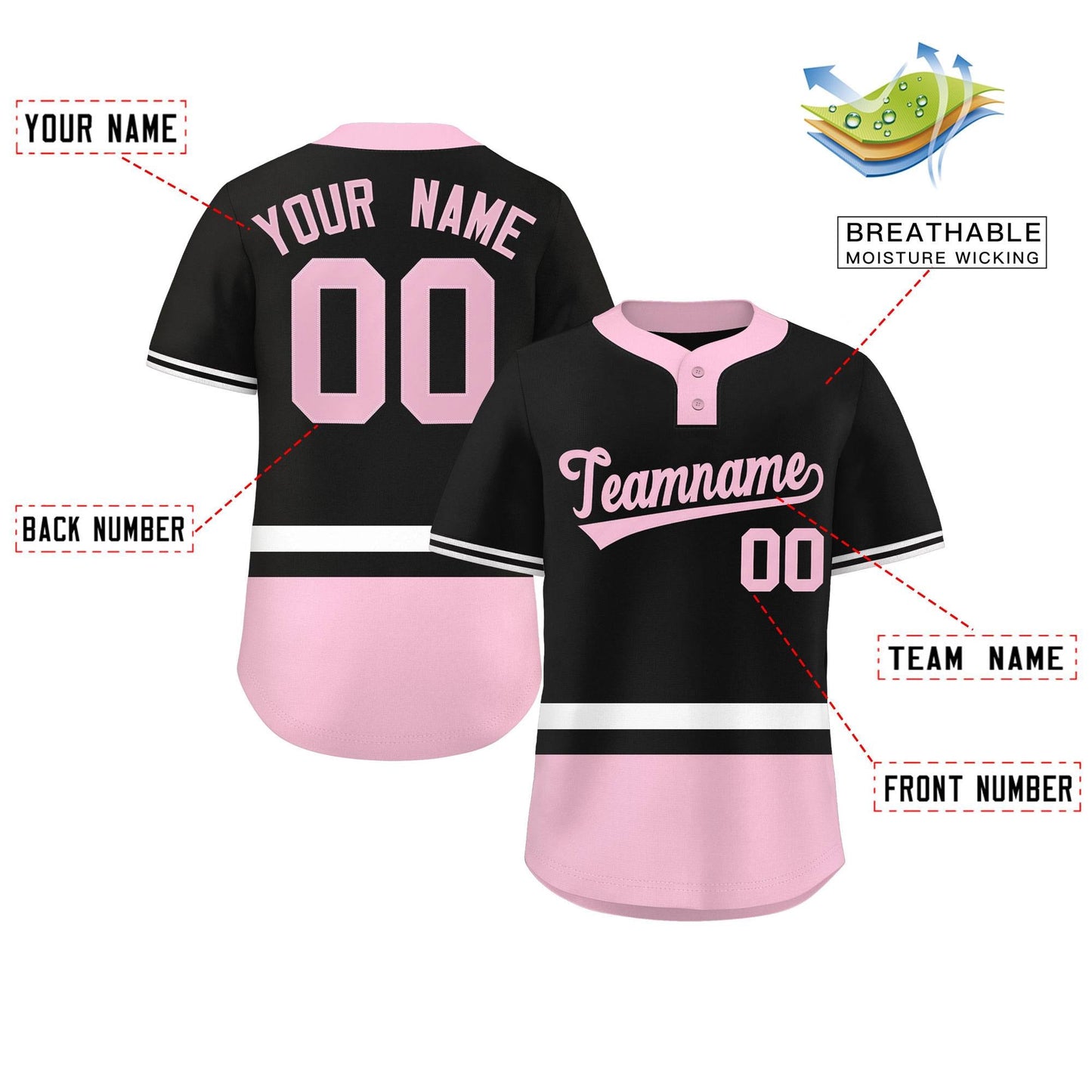 Custom Black White-Lt Pink Color Block Personalized Authentic Two-Button Baseball Jersey