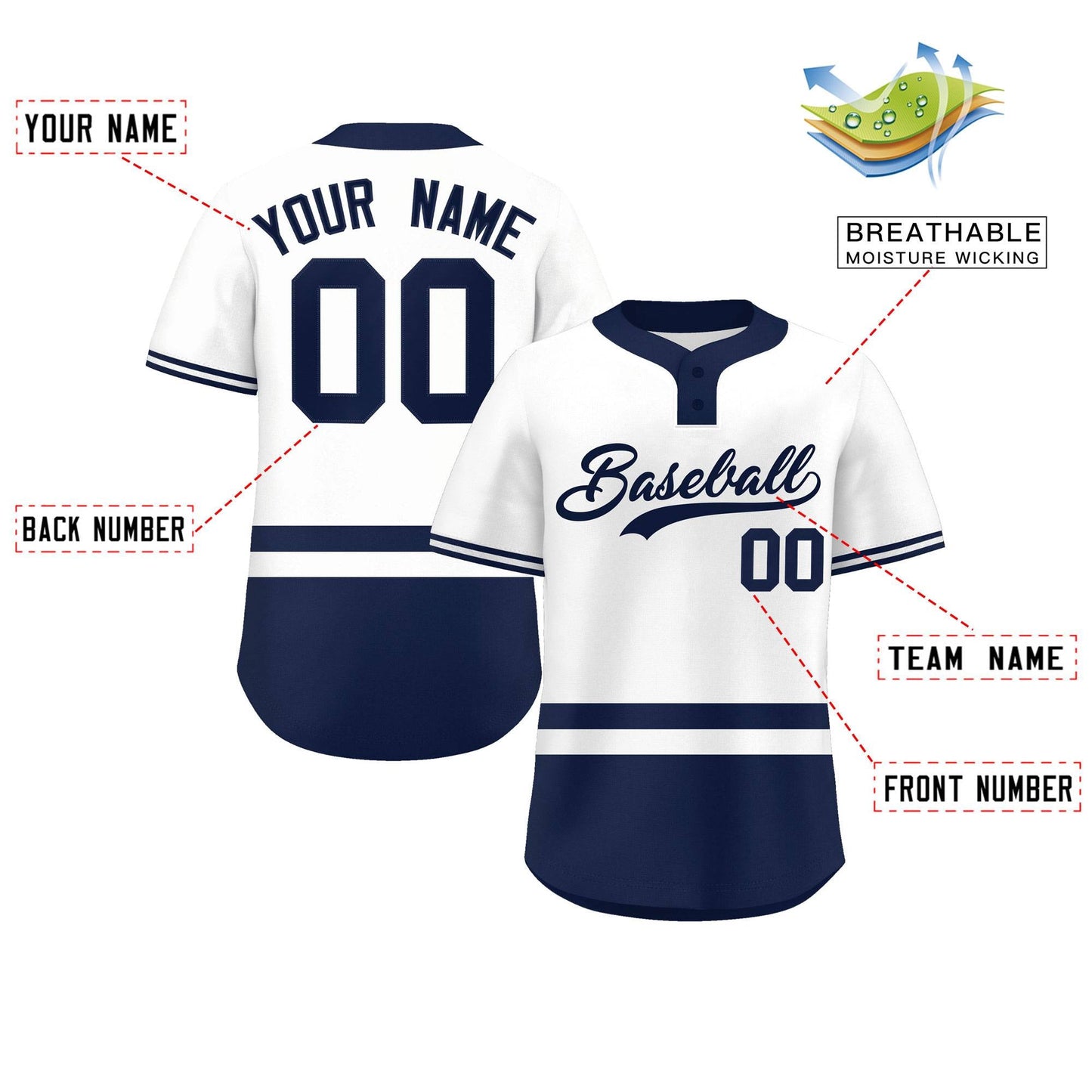 Custom White Navy Color Block Personalized Authentic Two-Button Baseball Jersey