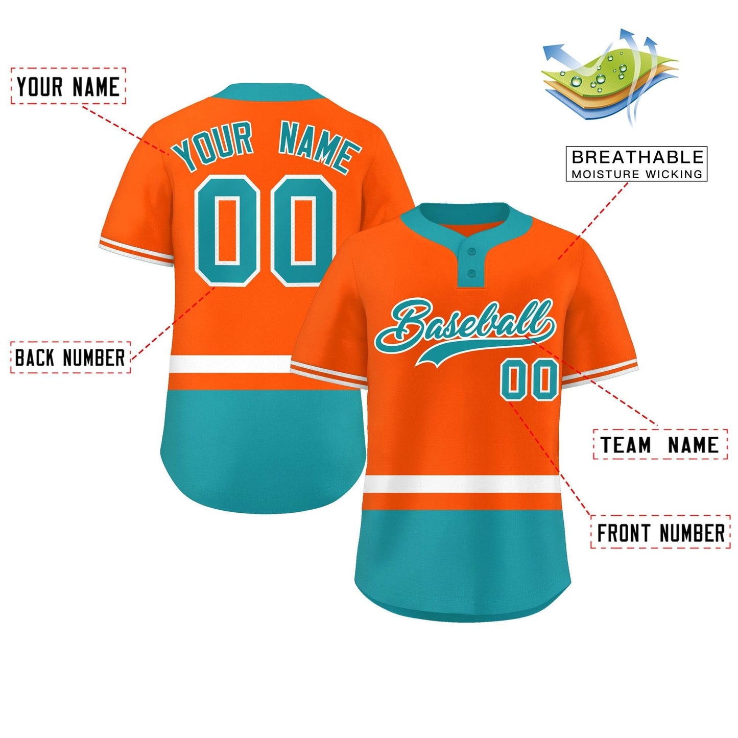 Custom Orange White-Aqua Color Block Personalized Authentic Two-Button Baseball Jersey