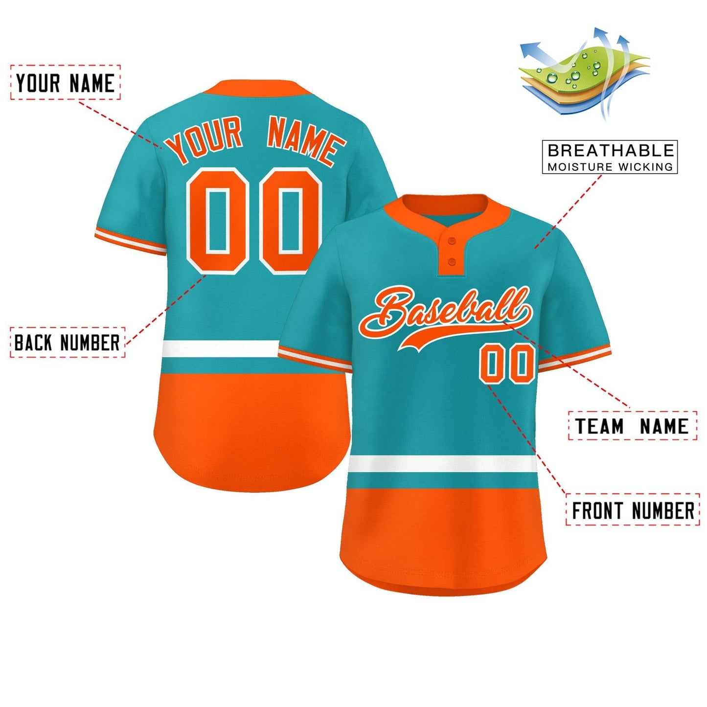 Custom Aqua White-Orange Color Block Personalized Authentic Two-Button Baseball Jersey