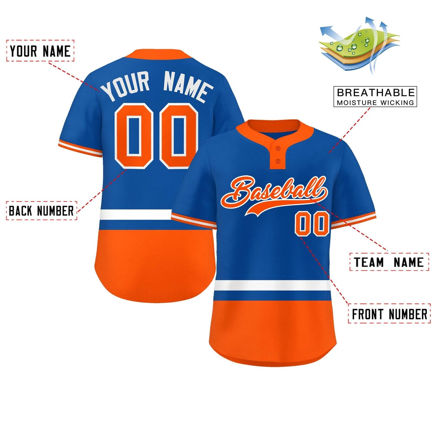 Custom Royal White-Orange Color Block Personalized Authentic Two-Button Baseball Jersey