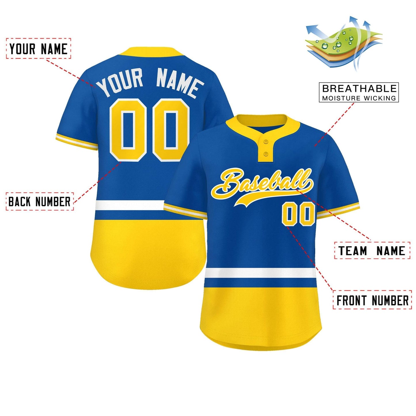 Custom Royal White-Gold Color Block Personalized Authentic Two-Button Baseball Jersey