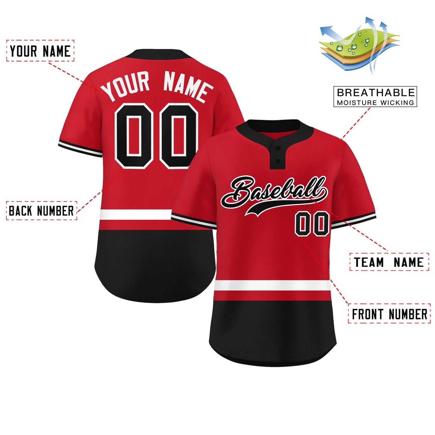 Custom Red White-Black Color Block Personalized Authentic Two-Button Baseball Jersey