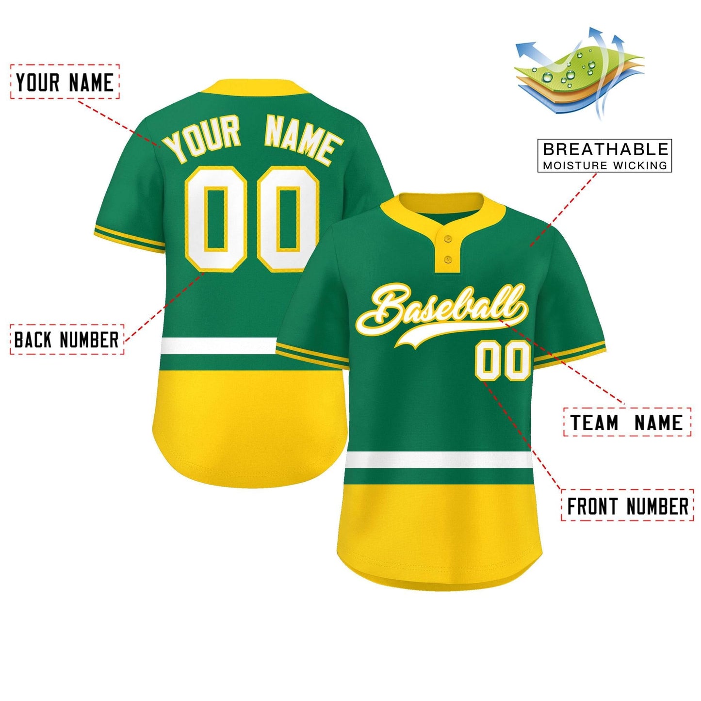 Custom Kelly Green White-Gold Color Block Personalized Authentic Two-Button Baseball Jersey