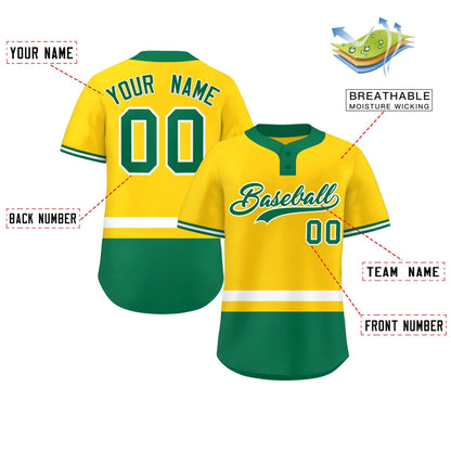 Custom Gold White-Kelly Green Color Block Personalized Authentic Two-Button Baseball Jersey