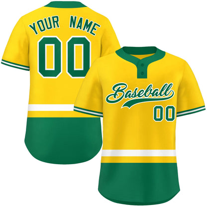 Custom Gold White-Kelly Green Color Block Personalized Authentic Two-Button Baseball Jersey