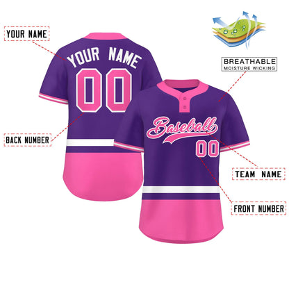 Custom Purple White-Pink Color Block Personalized Authentic Two-Button Baseball Jersey