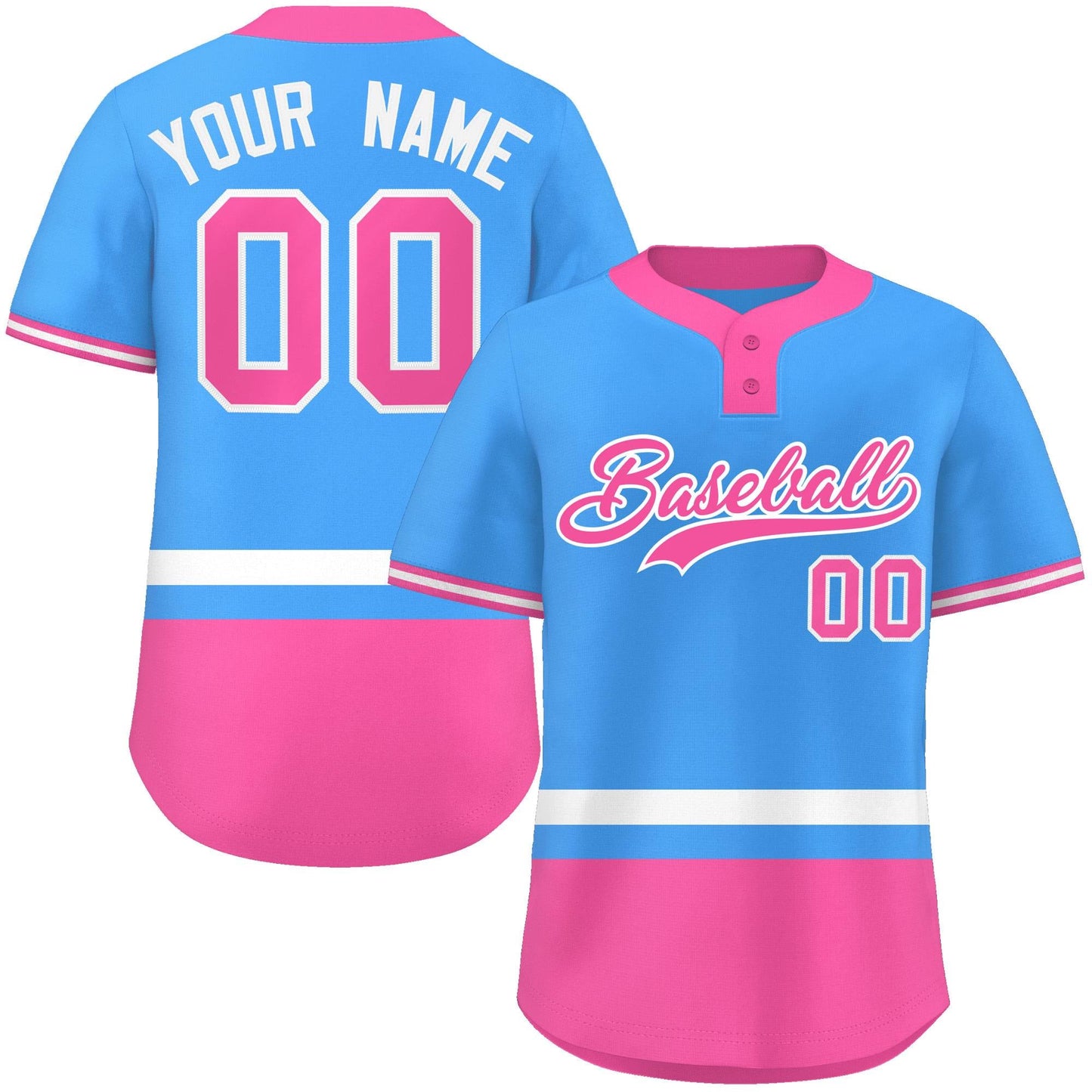 Custom Powder Blue White-Pink Color Block Personalized Authentic Two-Button Baseball Jersey