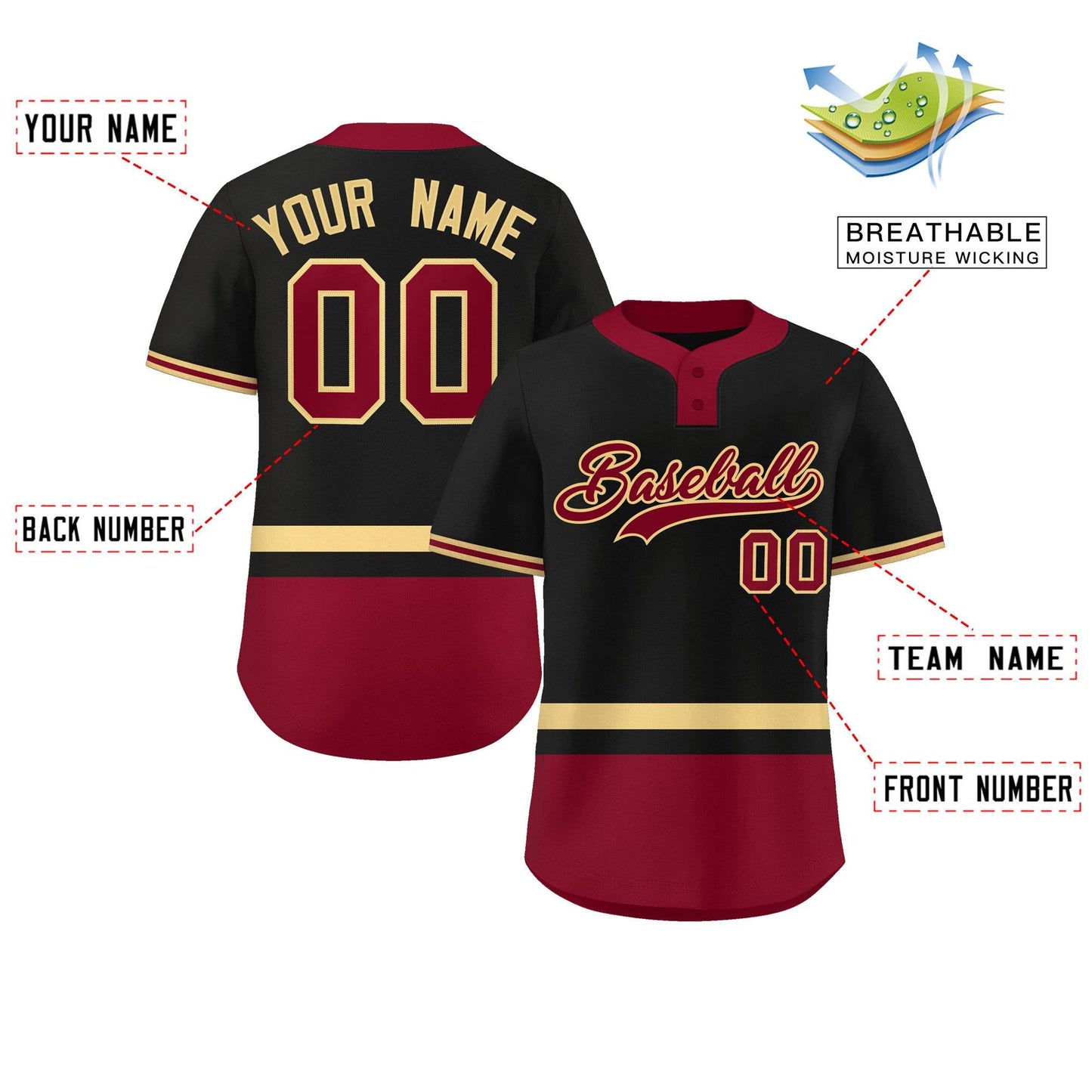 Custom Black Khaki-Crimson Color Block Personalized Authentic Two-Button Baseball Jersey