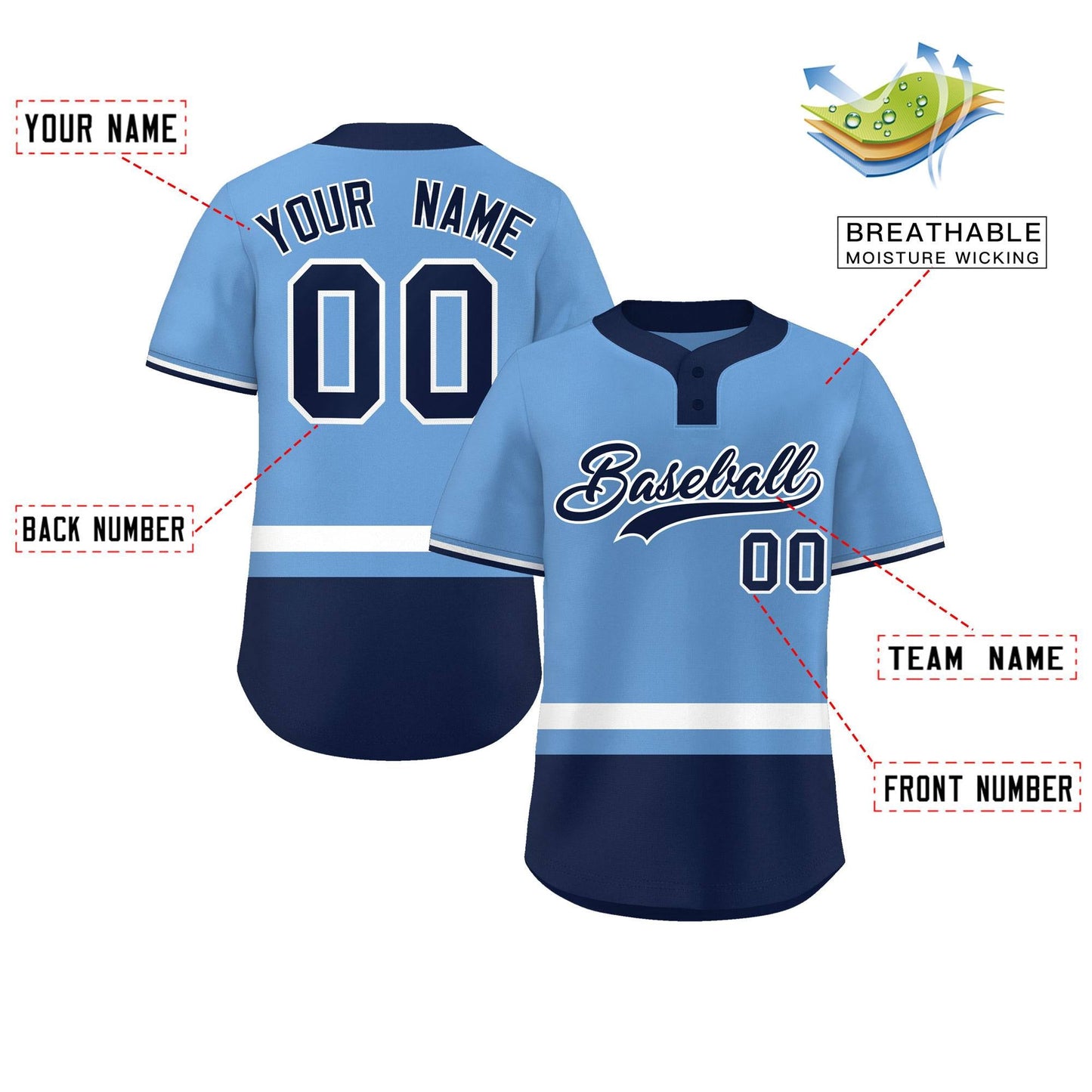 Custom Light Blue White-Navy Color Block Personalized Authentic Two-Button Baseball Jersey