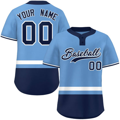 Custom Light Blue White-Navy Color Block Personalized Authentic Two-Button Baseball Jersey