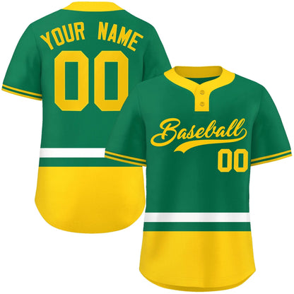 Custom Kelly Green White-Gold Color Block Personalized Authentic Two-Button Baseball Jersey