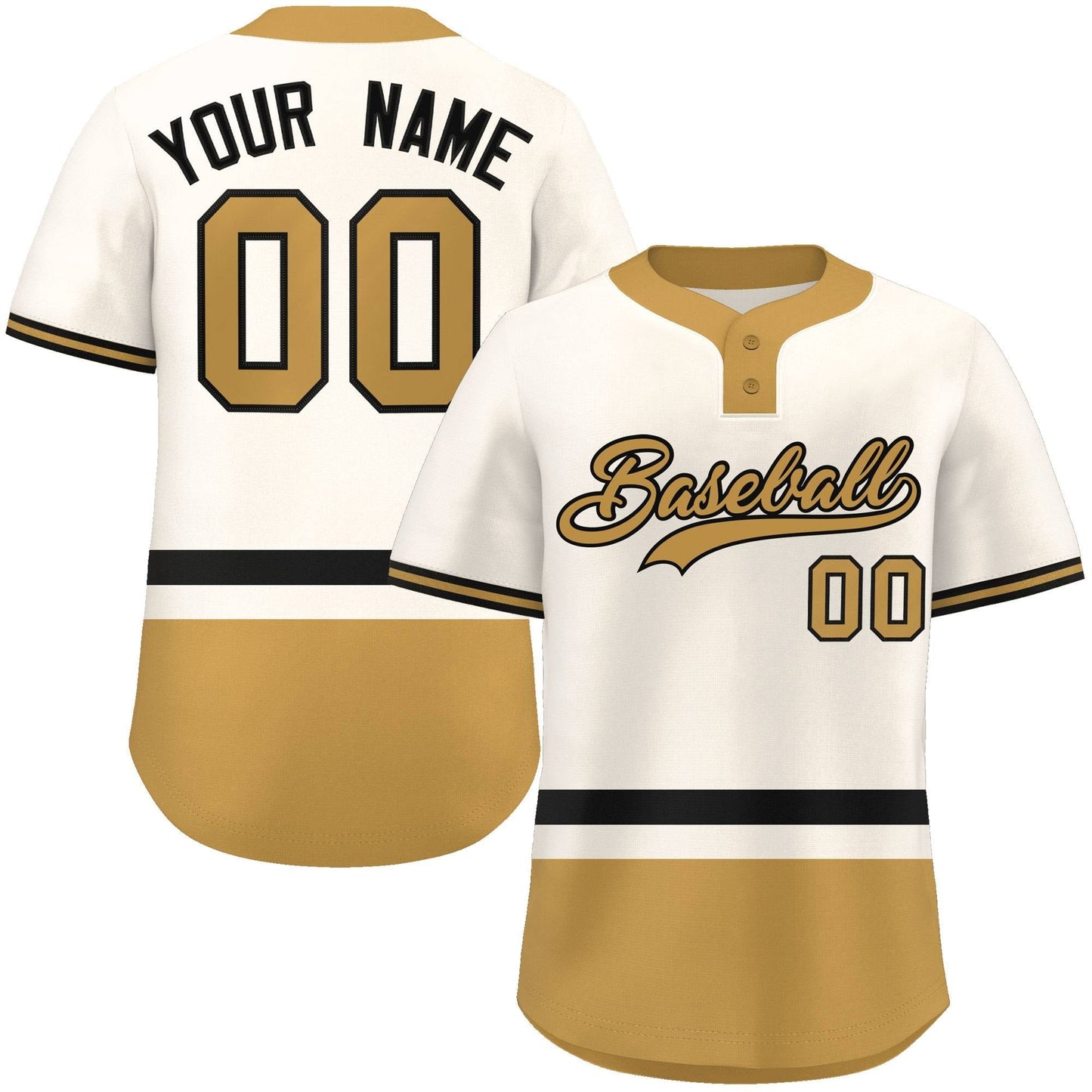 Custom Cream Black-Old Gold Color Block Personalized Authentic Two-Button Baseball Jersey