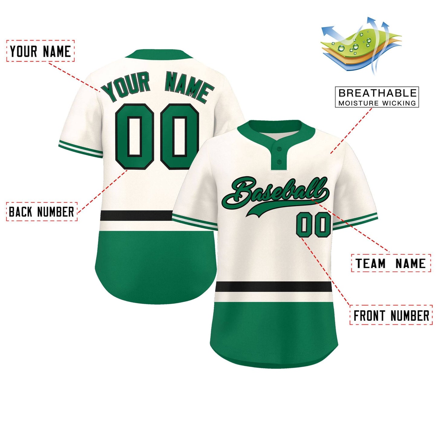 Custom Cream Black-Kelly Green Color Block Personalized Authentic Two-Button Baseball Jersey