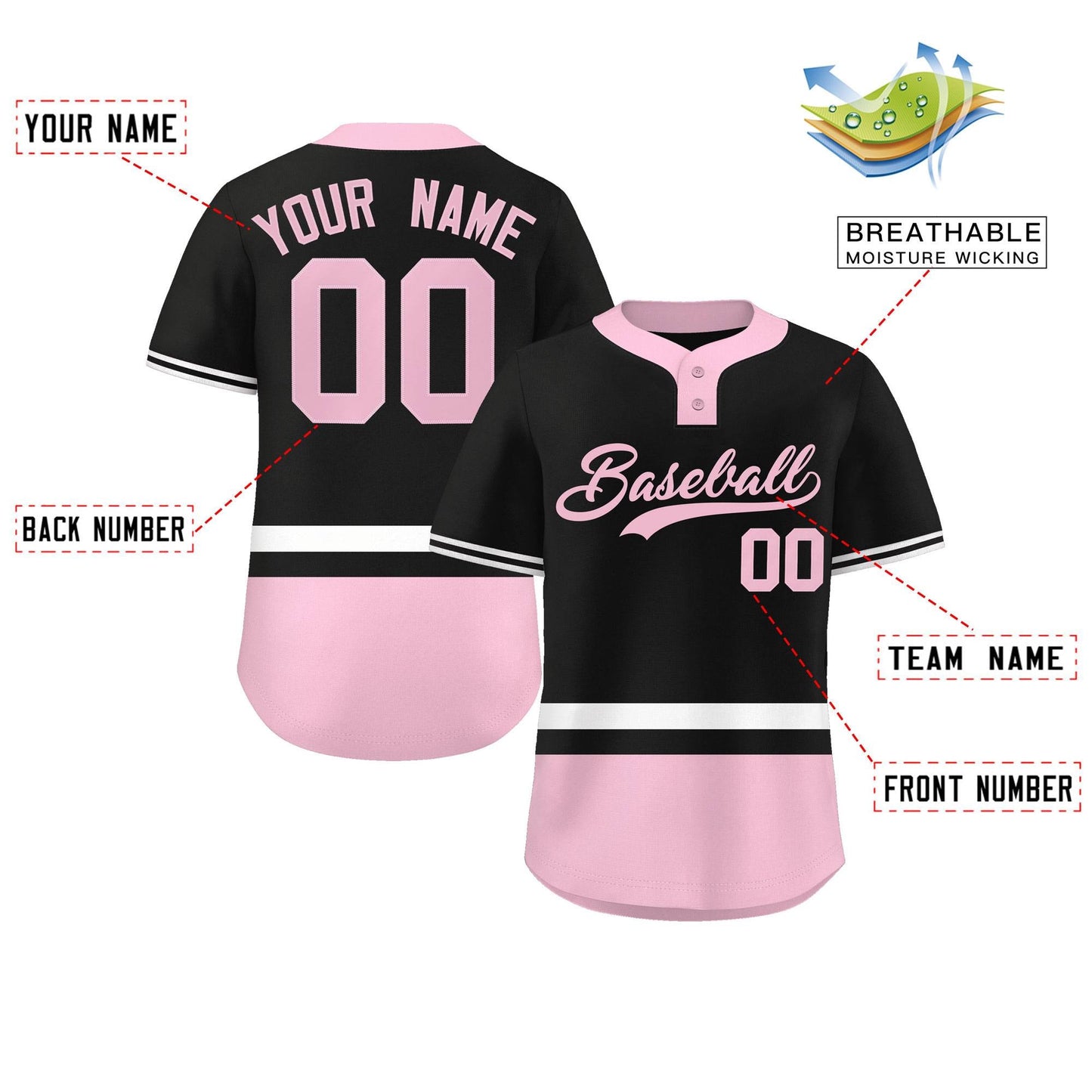 Custom Black White-Lt Pink Color Block Personalized Authentic Two-Button Baseball Jersey