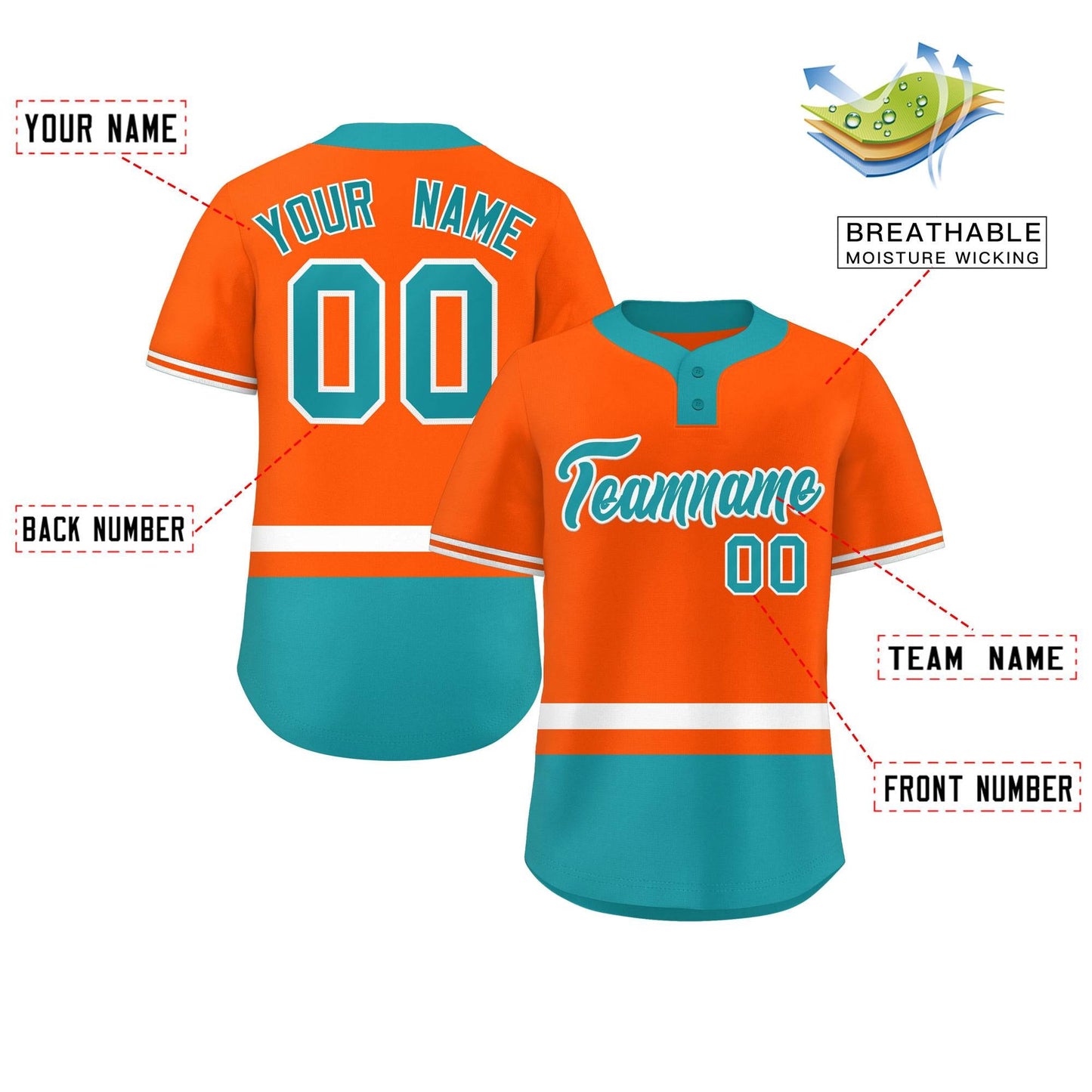 Custom Orange White-Aqua Color Block Personalized Authentic Two-Button Baseball Jersey