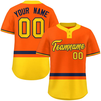 Custom Orange Navy-Gold Color Block Personalized Authentic Two-Button Baseball Jersey