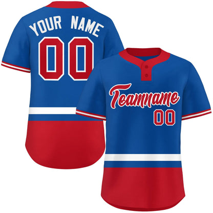 Custom Royal White-Red Color Block Personalized Authentic Two-Button Baseball Jersey