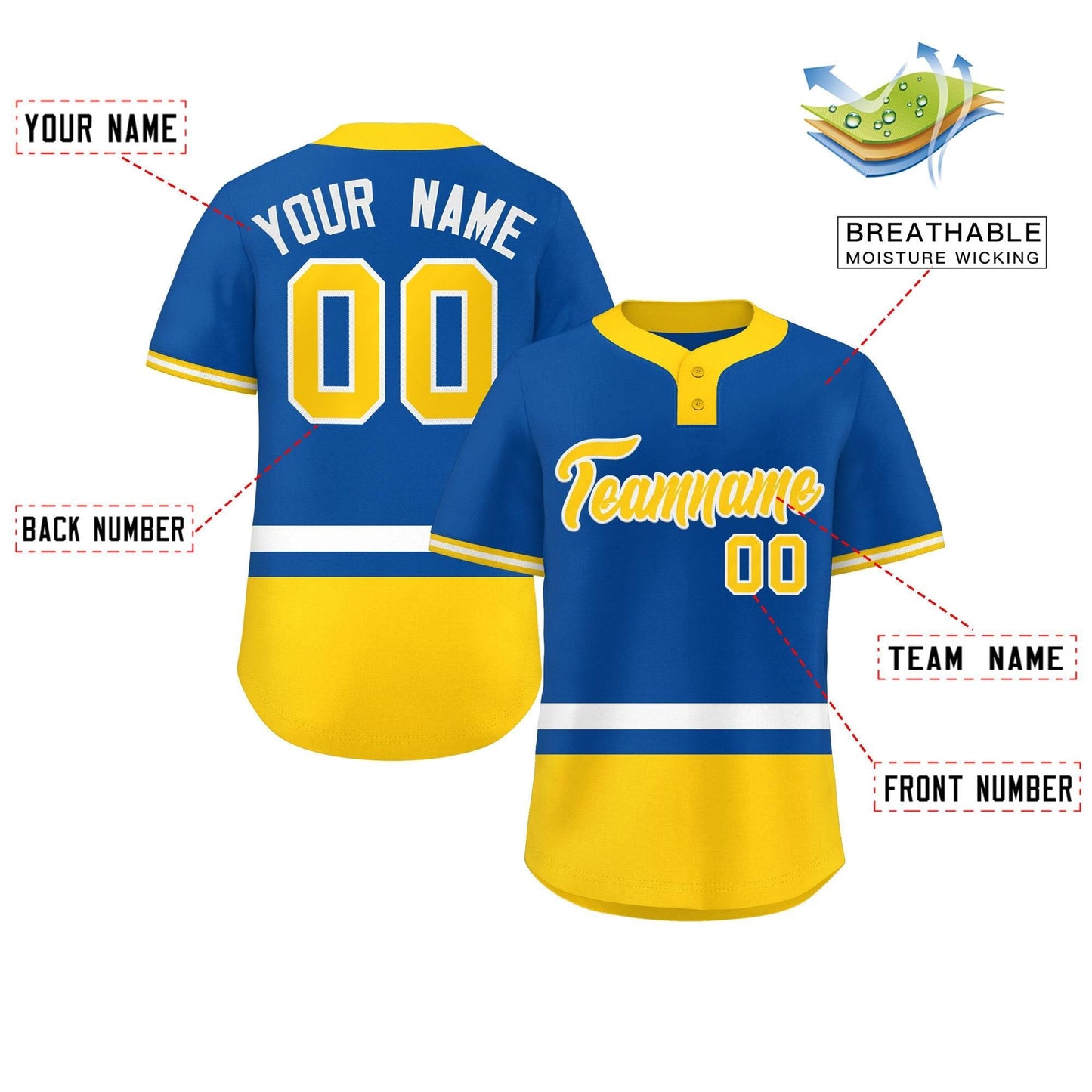 Custom Royal White-Gold Color Block Personalized Authentic Two-Button Baseball Jersey